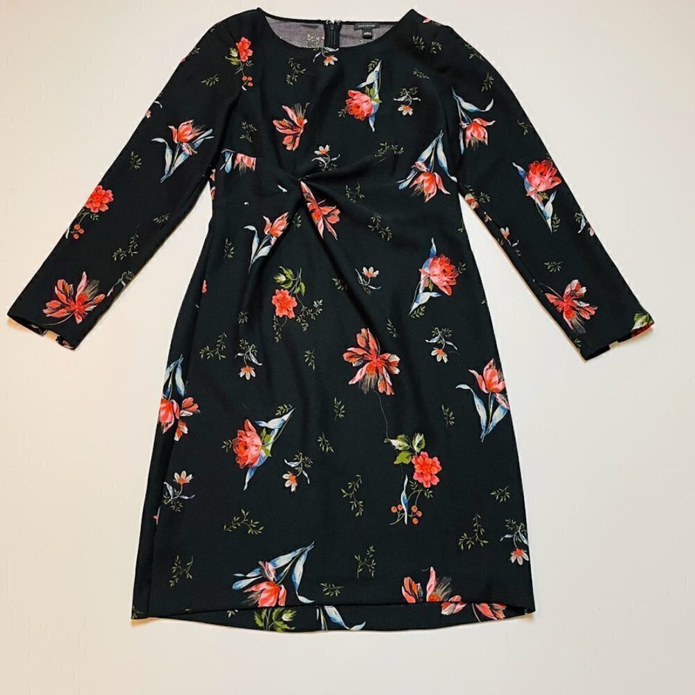 NWT Ann Taylor Dress Black Floral Twist Ruched 3/4 Sleeve Holiday Spring Easter